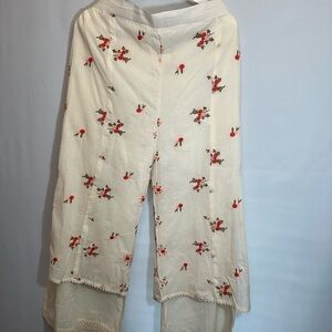 Womens Embroidered Pants Wide Leg Layered Crotchet Hemline Size 40/ 10-12 Pullon
